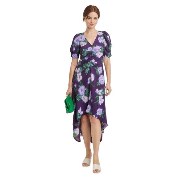 New A New Day Purple Navy Floral Crepe Short Sleeve Midi Dress Small - Picture 1 of 3